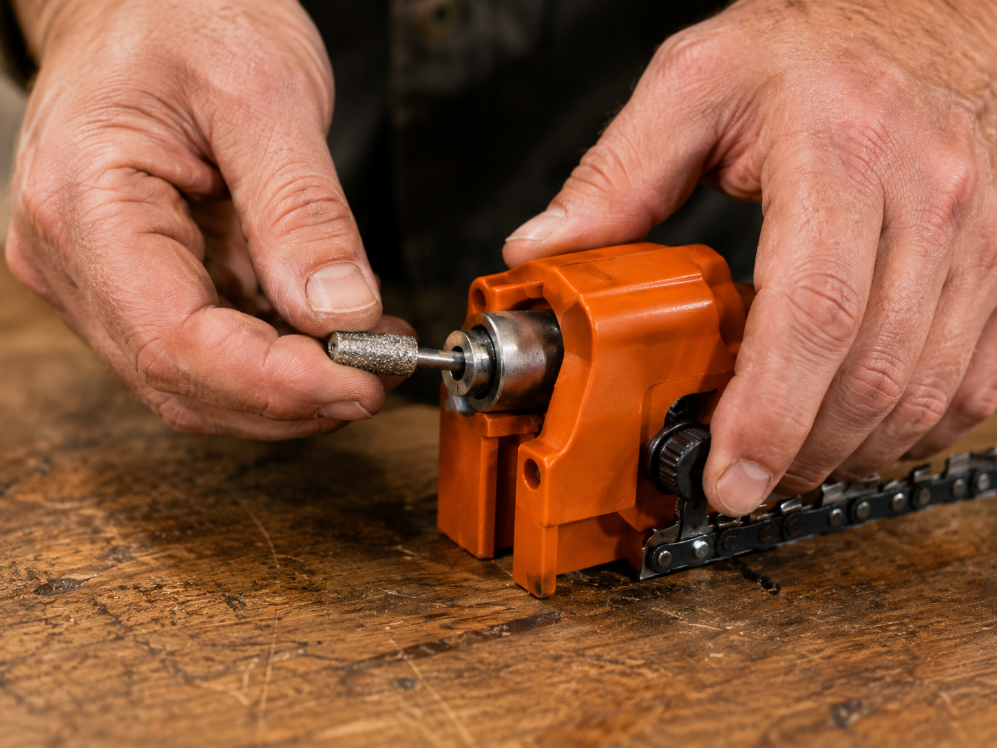 RazorWolf sharpener being used on a workbench