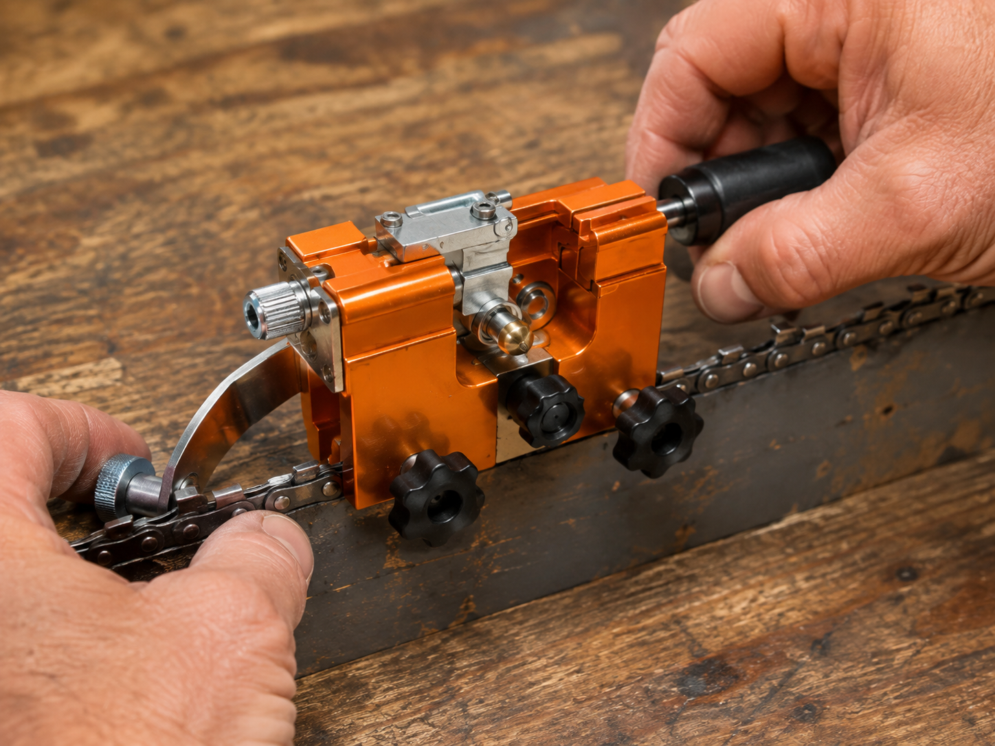 RazorWolf chain sharpener in use