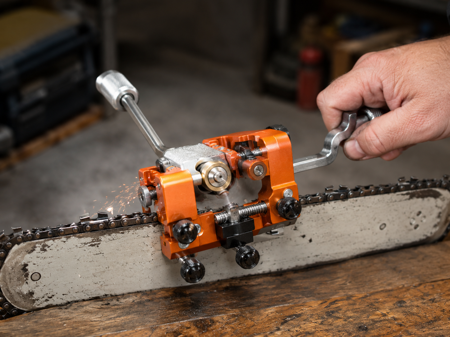 RazorWolf chainsaw sharpener in use